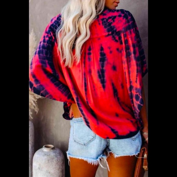 💋Sexy Deep V Neck Tie-dye Coral Red Loose Batwing Half Sleeves Button ⬇️Blouse - Picture 7 of 13